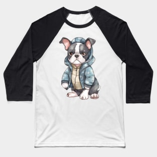 Watercolor Cozy Boston Terrier Dog Baseball T-Shirt